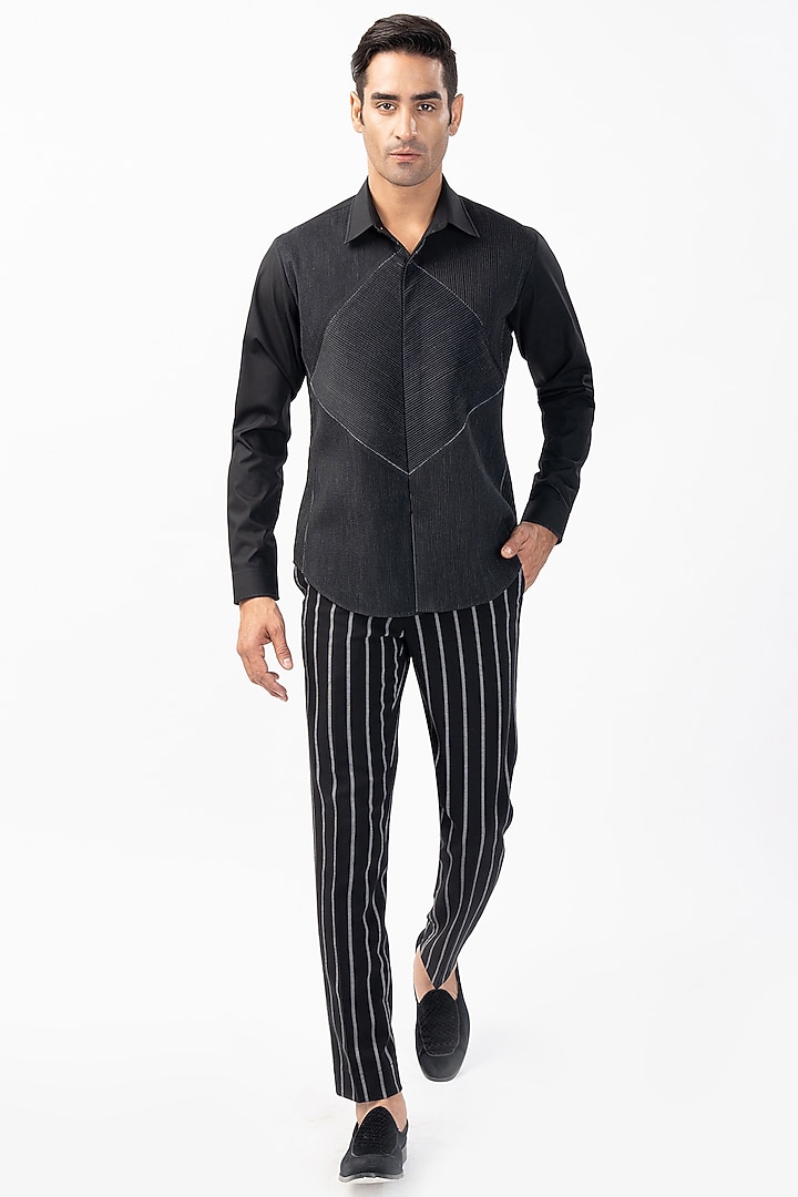 Black Cotton Pintuck Wedding Shirt by Rohit Gandhi & Rahul Khanna Men at Pernia's Pop Up Shop