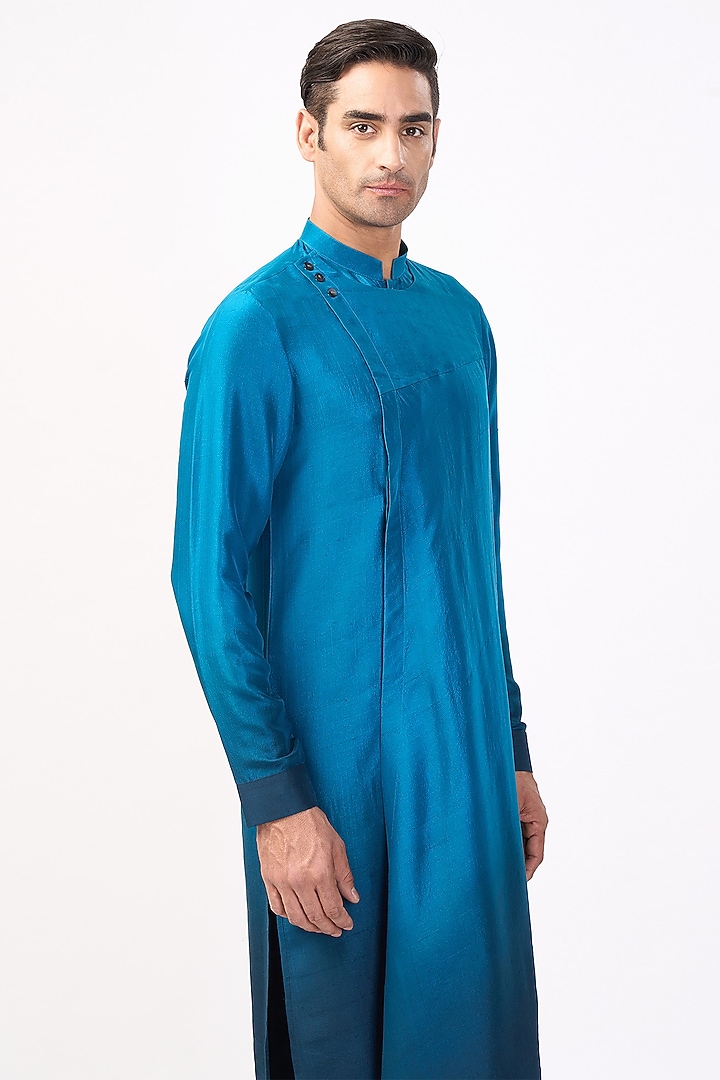 Victorian Teal Silk Asymmetric Ombre Kurta Set by Rohit Gandhi & Rahul Khanna Men at Pernia's Pop Up Shop