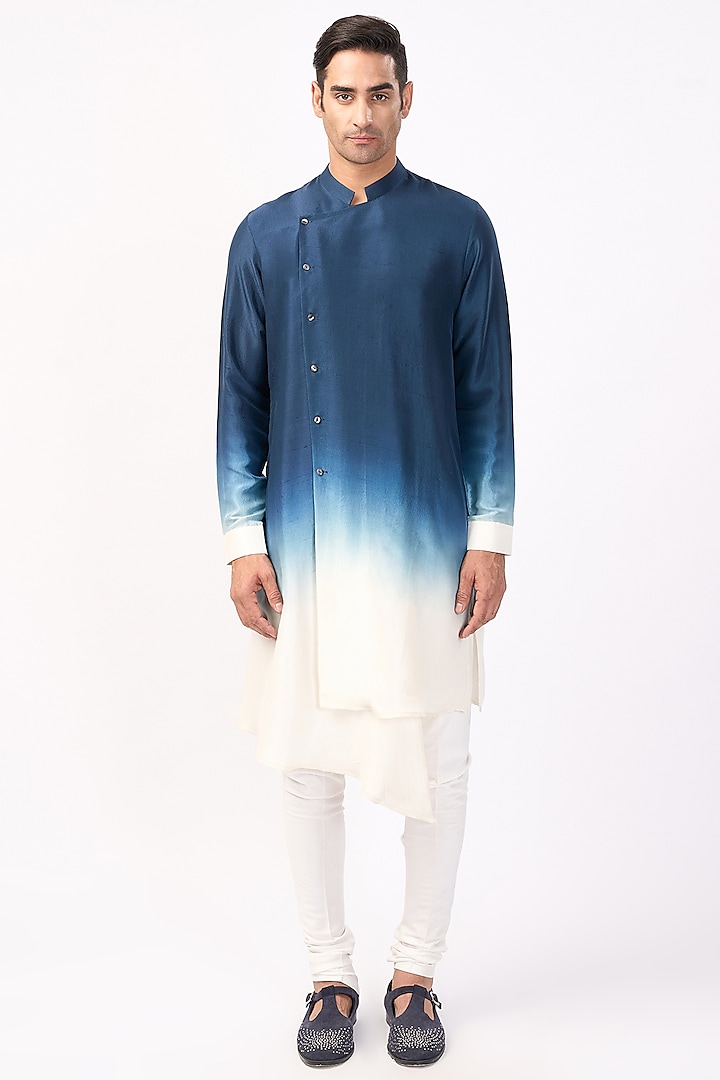 Navy & Ivory Silk Asymmetric Ombre Kurta Set by Rohit Gandhi & Rahul Khanna Men