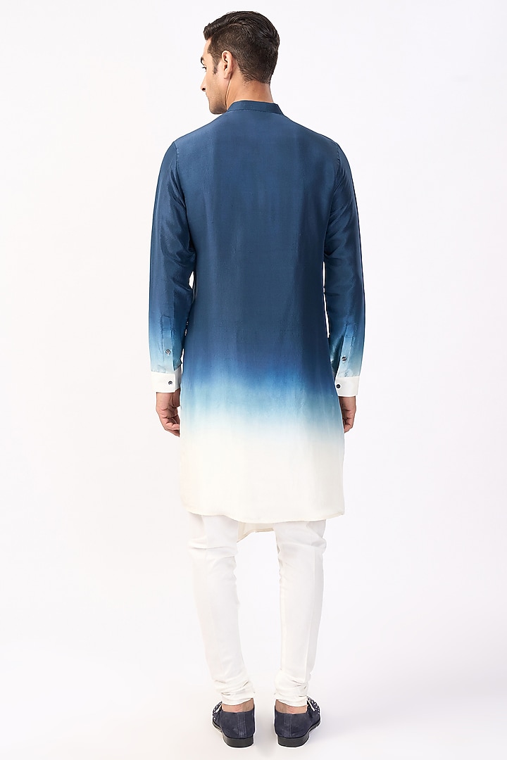 Navy & Ivory Silk Asymmetric Ombre Kurta Set by Rohit Gandhi & Rahul Khanna Men at Pernia's Pop Up Shop