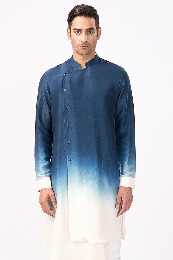 Navy & Ivory Silk Asymmetric Ombre Kurta Set by Rohit Gandhi & Rahul Khanna Men at Pernia's Pop Up Shop
