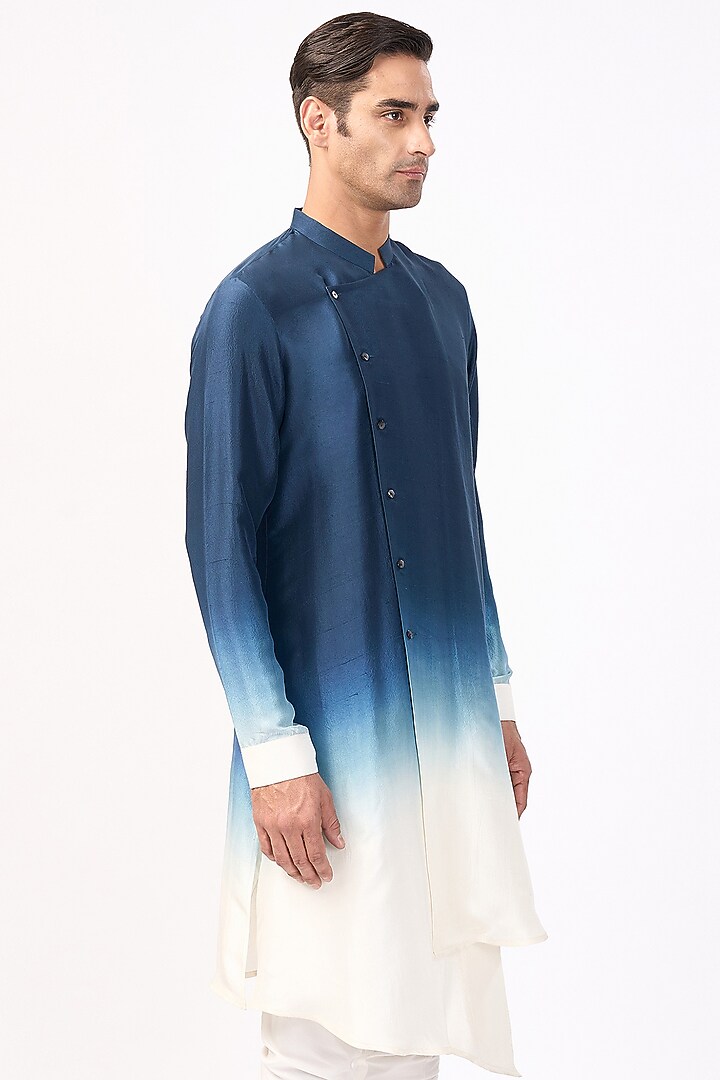 Navy & Ivory Silk Asymmetric Ombre Kurta Set by Rohit Gandhi & Rahul Khanna Men at Pernia's Pop Up Shop