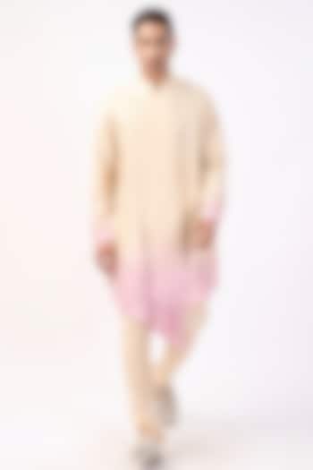 Beige & Lavender Silk Asymmetric Ombre Kurta Set by Rohit Gandhi & Rahul Khanna Men