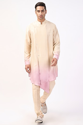 Beige & Lavender Silk Asymmetric Ombre Kurta Set by Rohit Gandhi & Rahul Khanna Men