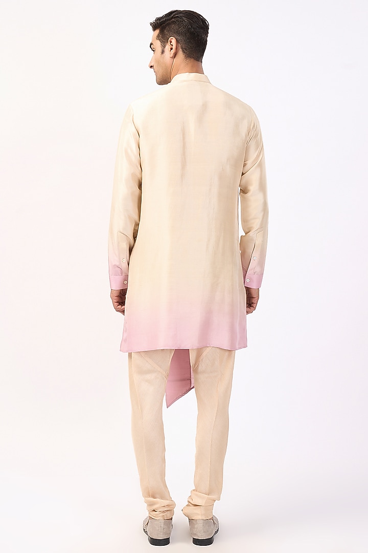 Beige & Lavender Silk Asymmetric Ombre Kurta Set by Rohit Gandhi & Rahul Khanna Men at Pernia's Pop Up Shop