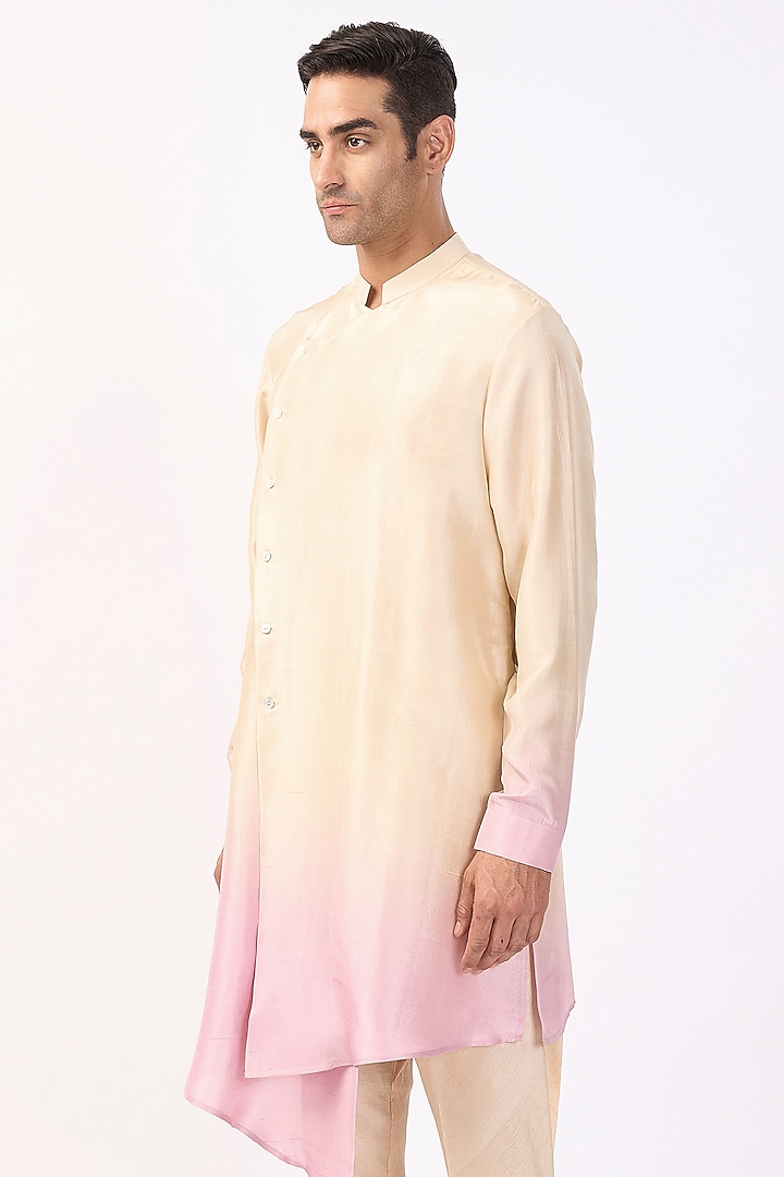Beige & Lavender Silk Asymmetric Ombre Kurta Set by Rohit Gandhi & Rahul Khanna Men at Pernia's Pop Up Shop