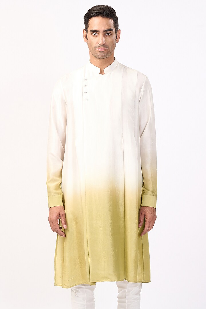 Ivory & Leaf Green Silk Ombre Kurta Set by Rohit Gandhi & Rahul Khanna Men at Pernia's Pop Up Shop