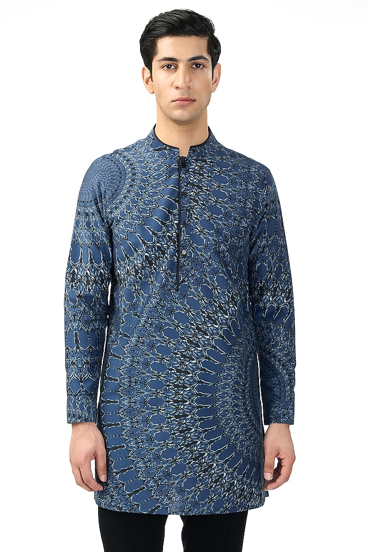 Navy Blue Cotton Printed Kurta by Rohit Gandhi & Rahul Khanna Men