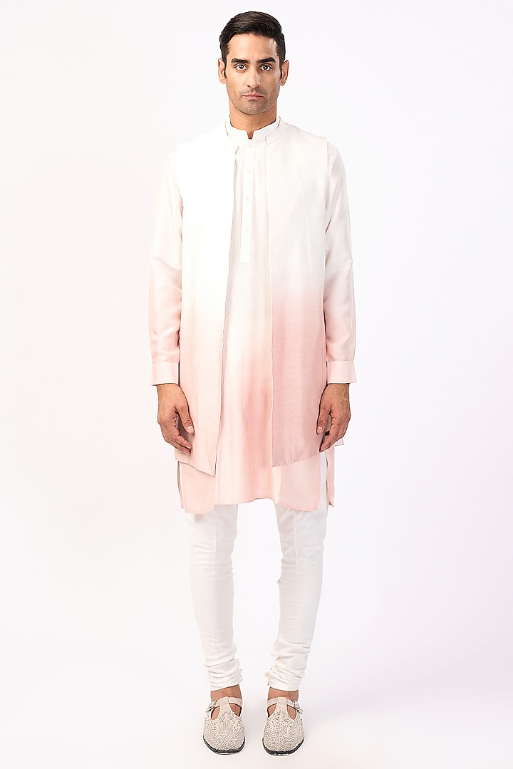 Ivory & Periwinkle Silk Ombre Long Jacket Set by Rohit Gandhi & Rahul Khanna Men