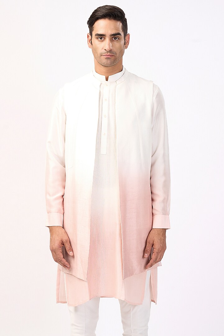 Ivory & Periwinkle Silk Ombre Long Jacket Set by Rohit Gandhi & Rahul Khanna Men at Pernia's Pop Up Shop