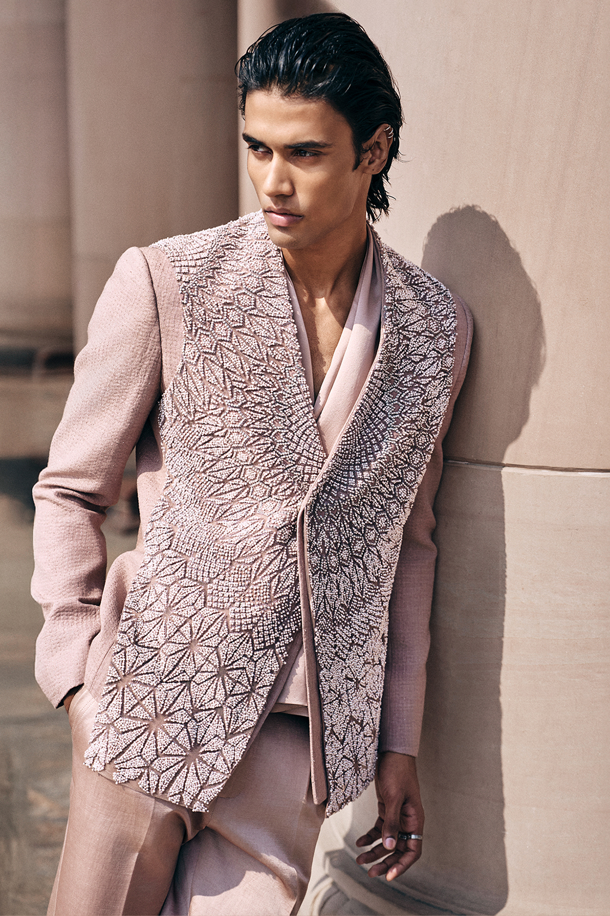 Blush Silk Embellished Structured Jacket by Rohit Gandhi & Rahul Khanna Men