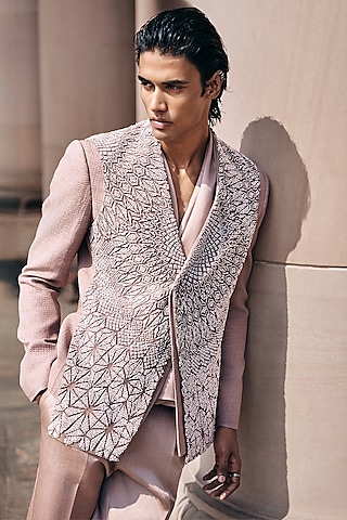 Blush Silk Embellished Structured Jacket by Rohit Gandhi & Rahul Khanna Men