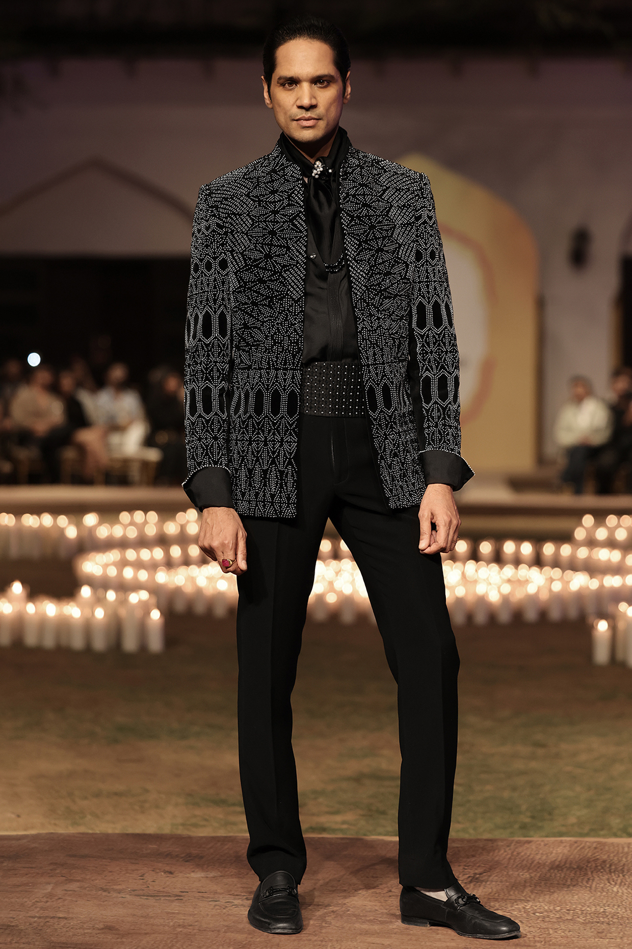 Black Viscose Geometric Embellished Structured Bandhgala Set by Rohit Gandhi & Rahul Khanna Men