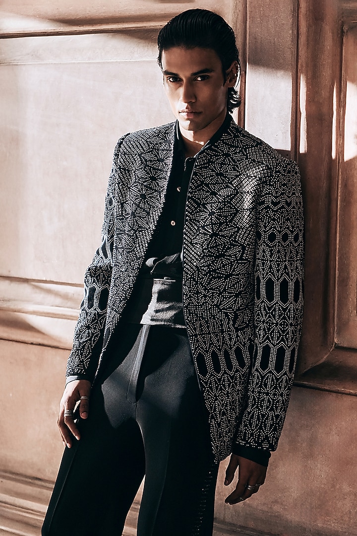 Black Viscose Geometric Embellished Structured Groom Bandhgala Set by Rohit Gandhi & Rahul Khanna Men at Pernia's Pop Up Shop