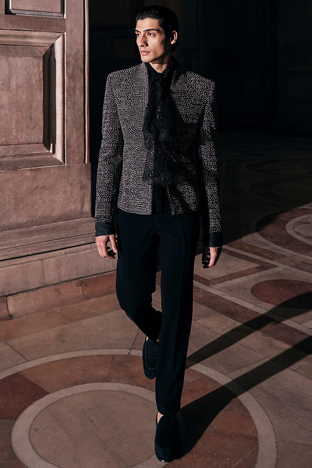 Black Viscose Hand Embellished Bandhgala Set by Rohit Gandhi & Rahul Khanna Men