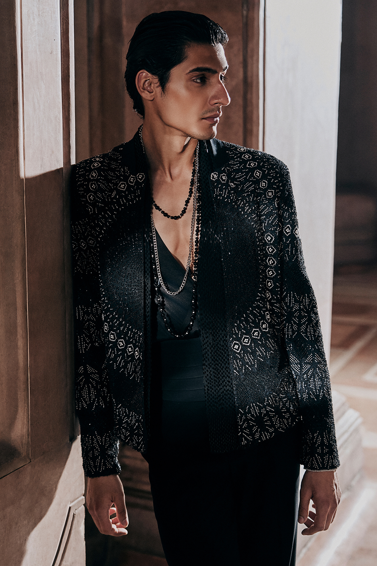 Black Tulle Geometric Embroidered Jacket by Rohit Gandhi & Rahul Khanna Men