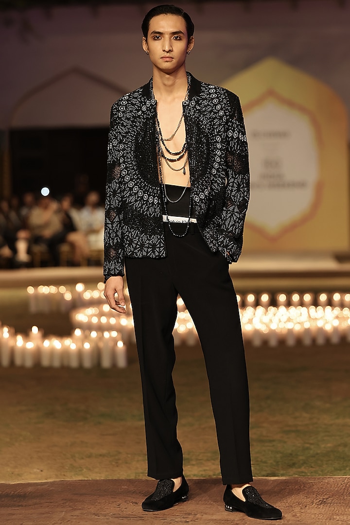 Black Tulle Geometric Embroidered Jacket by Rohit Gandhi & Rahul Khanna Men at Pernia's Pop Up Shop