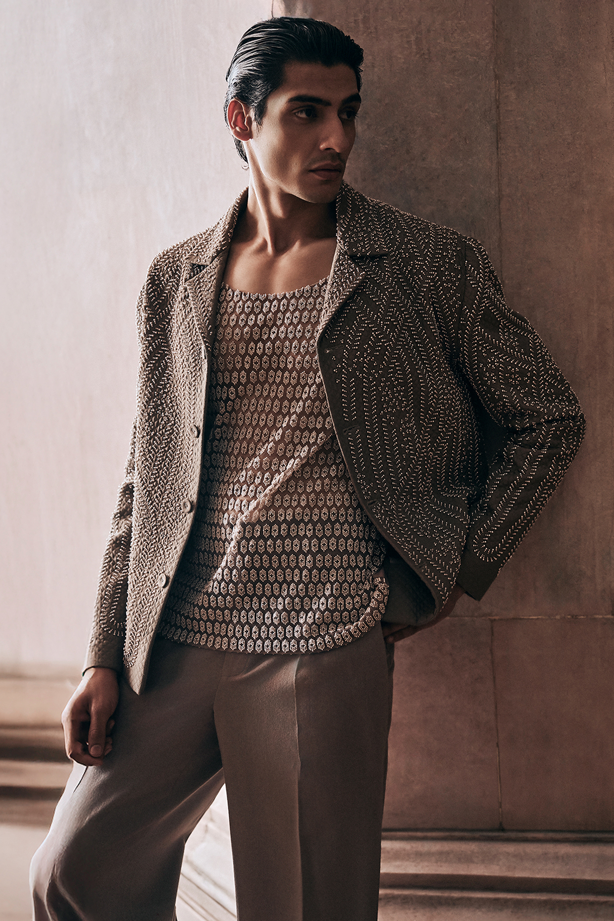Mocha Mousse Viscose Bead Work Structured Jacket by Rohit Gandhi & Rahul Khanna Men