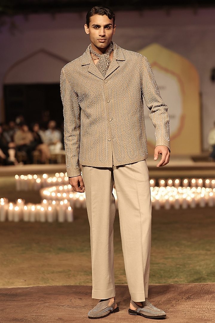 Mocha Mousse Viscose Bead Work Structured Jacket by Rohit Gandhi & Rahul Khanna Men at Pernia's Pop Up Shop