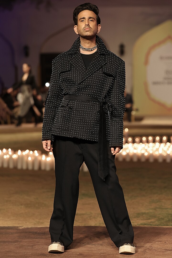 Black Tulle Bead Hand Embroidered Structured Jacket by Rohit Gandhi & Rahul Khanna Men at Pernia's Pop Up Shop