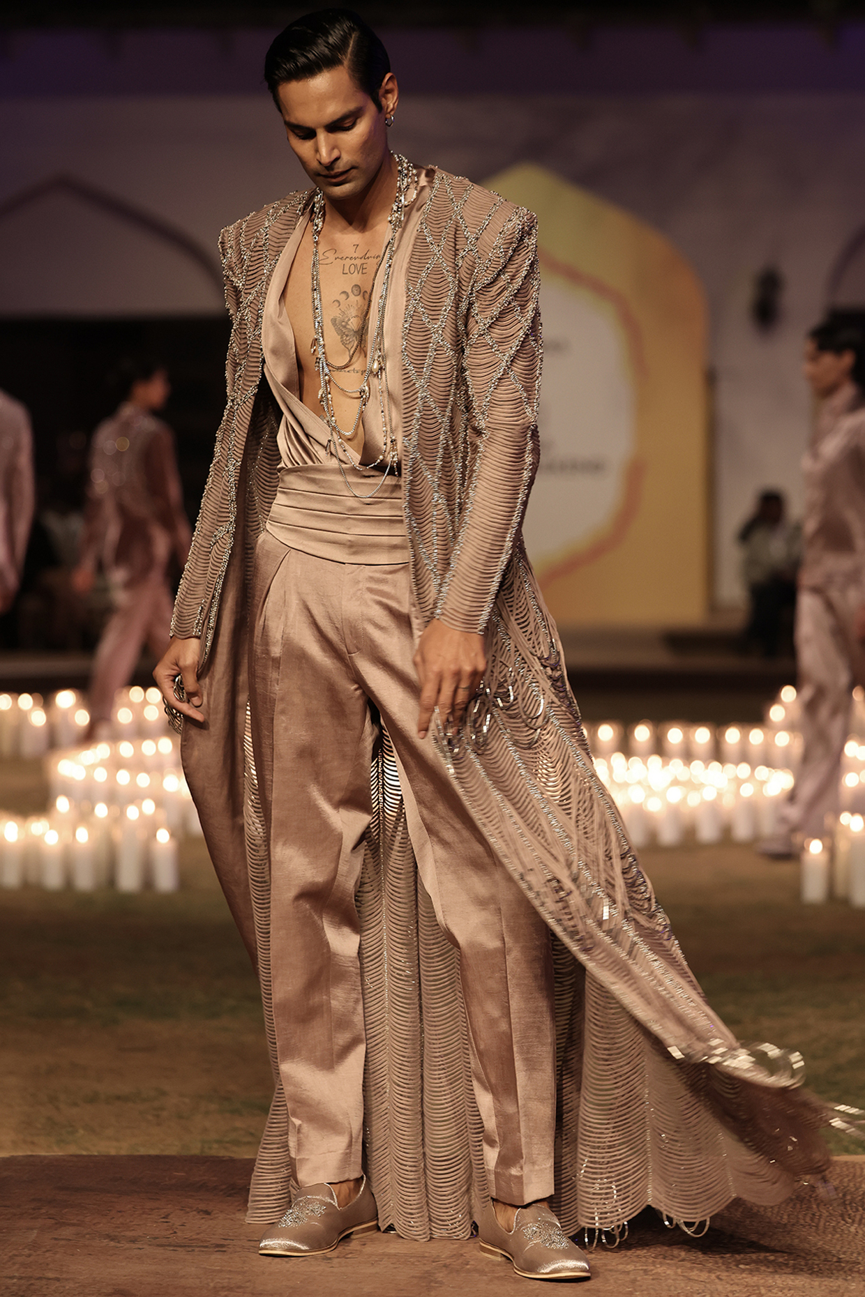 Vintage Rose Viscose Hand Embroidered Long Jacket Set by Rohit Gandhi & Rahul Khanna Men