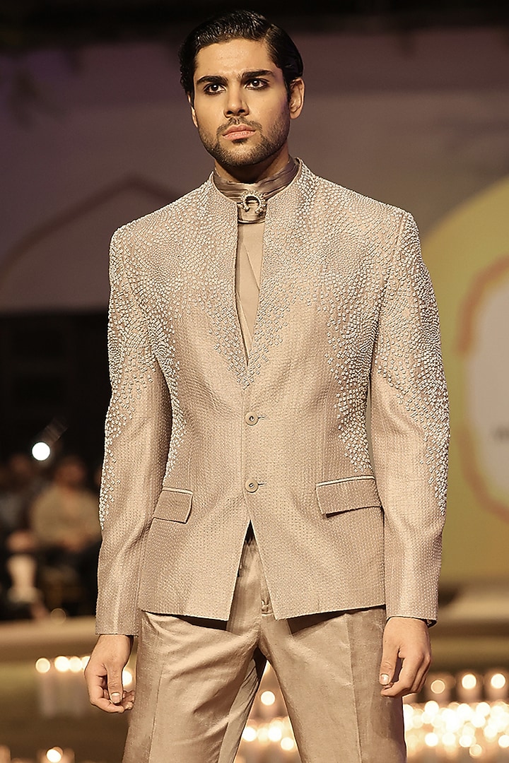 Granite Viscose Embellished Groom Bandhgala Set by Rohit Gandhi & Rahul Khanna Men at Pernia's Pop Up Shop