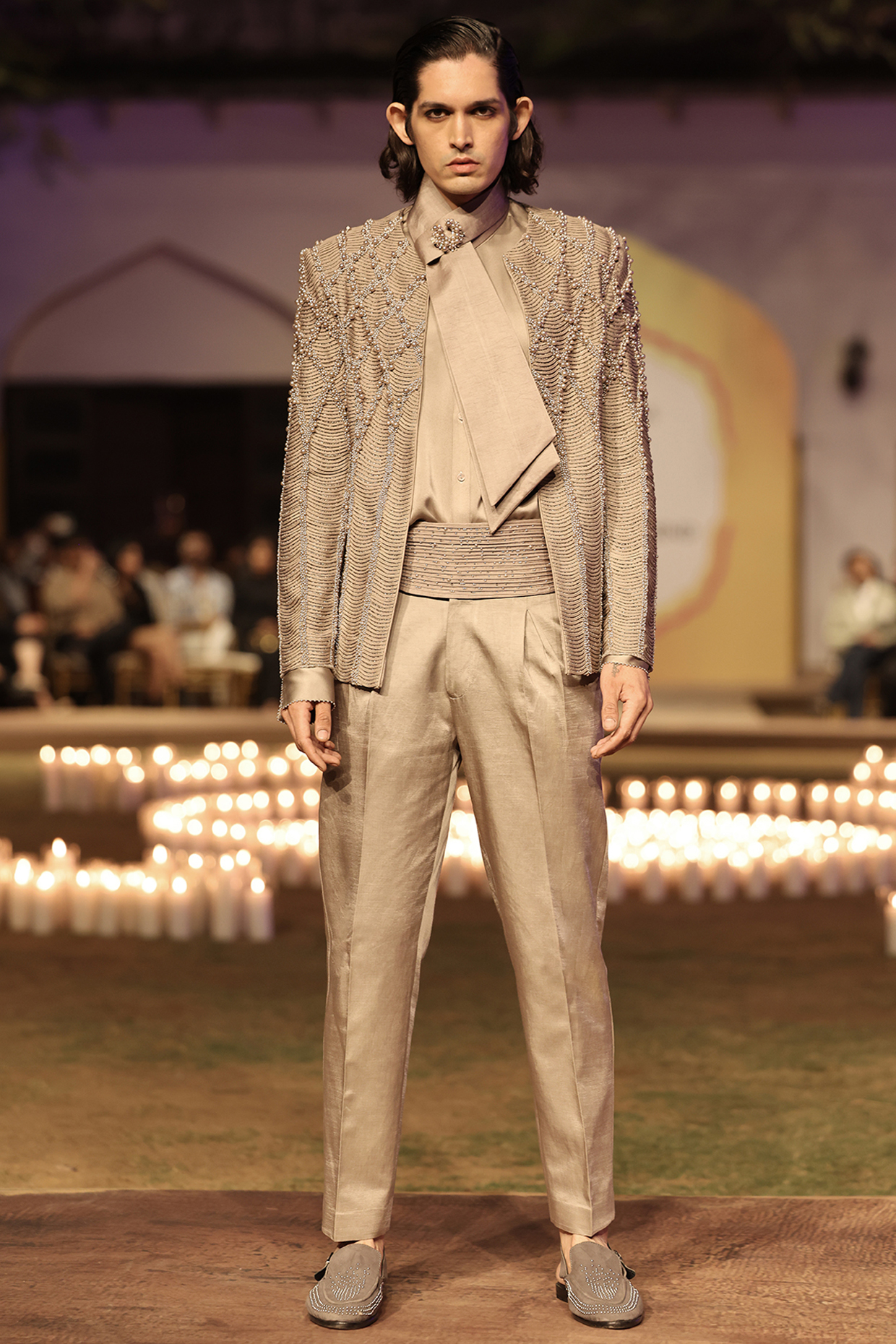 Granite Viscose Bead Hand Embellished Bandhgala Set by Rohit Gandhi & Rahul Khanna Men