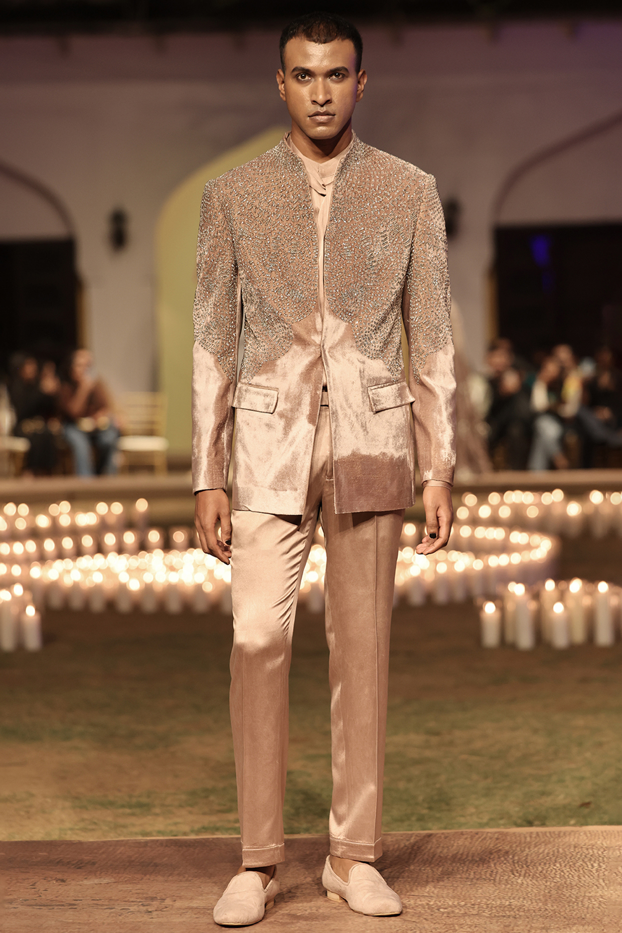 Vintage Rose Velvet Bead Hand Embellished Bandhgala Set by Rohit Gandhi & Rahul Khanna Men