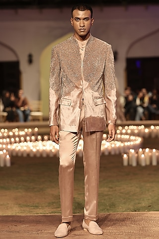 Vintage Rose Velvet Bead Hand Embellished Bandhgala Set by Rohit Gandhi & Rahul Khanna Men