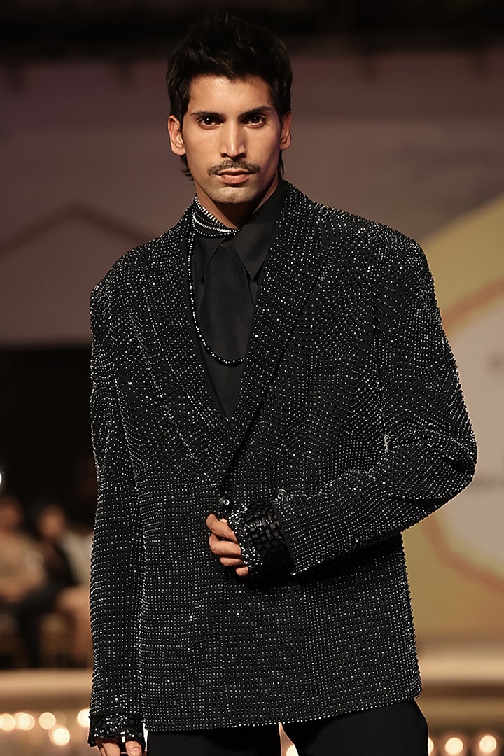 Black Crepe Hand Embellished Oversized Jacket Set by Rohit Gandhi & Rahul Khanna Men at Pernia's Pop Up Shop