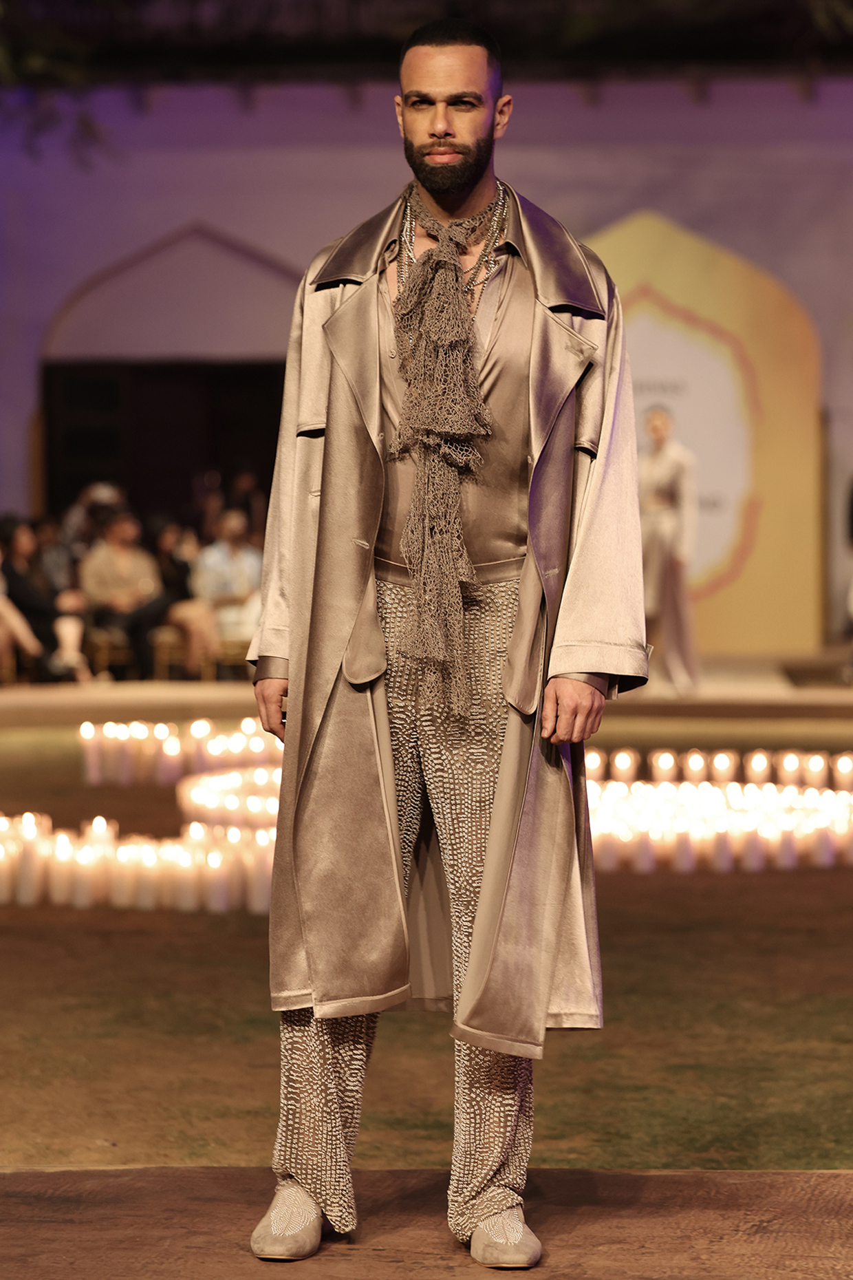 Mocha Mousse Satin Trench Coat Set by Rohit Gandhi & Rahul Khanna Men