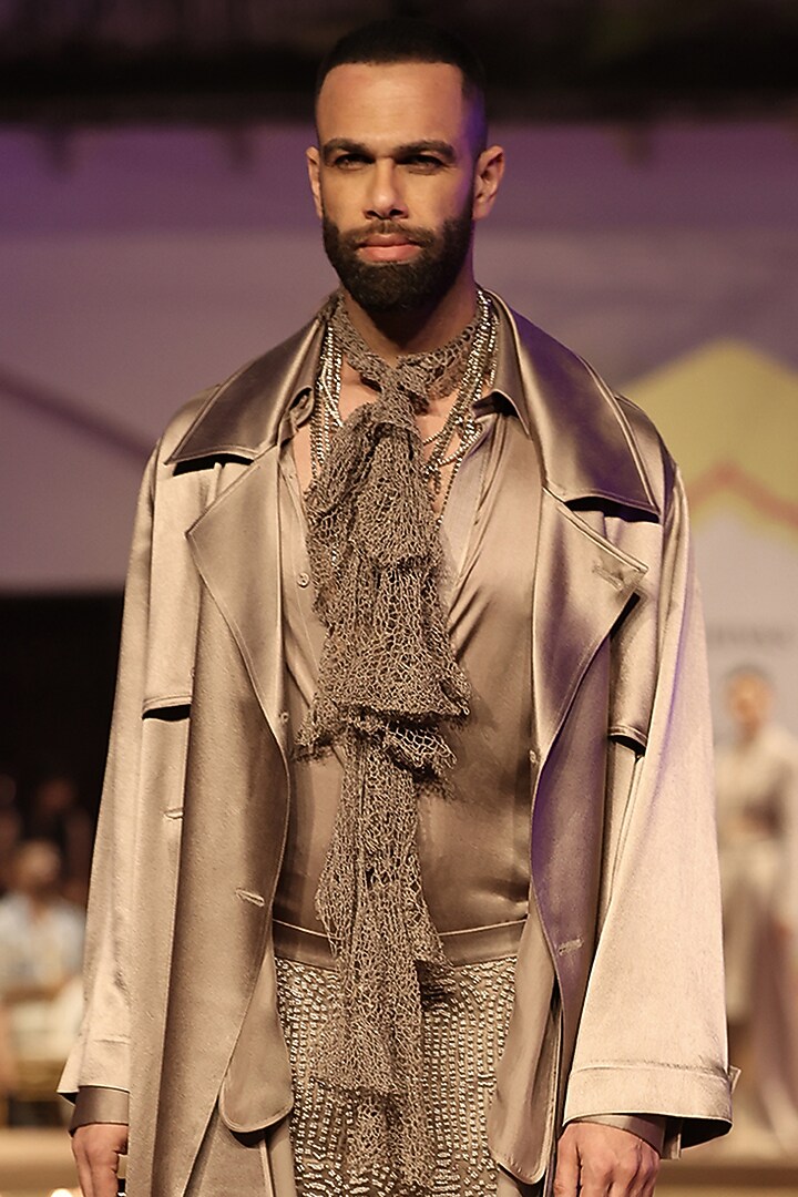 Mocha Mousse Satin Jacket Set by Rohit Gandhi & Rahul Khanna Men at Pernia's Pop Up Shop