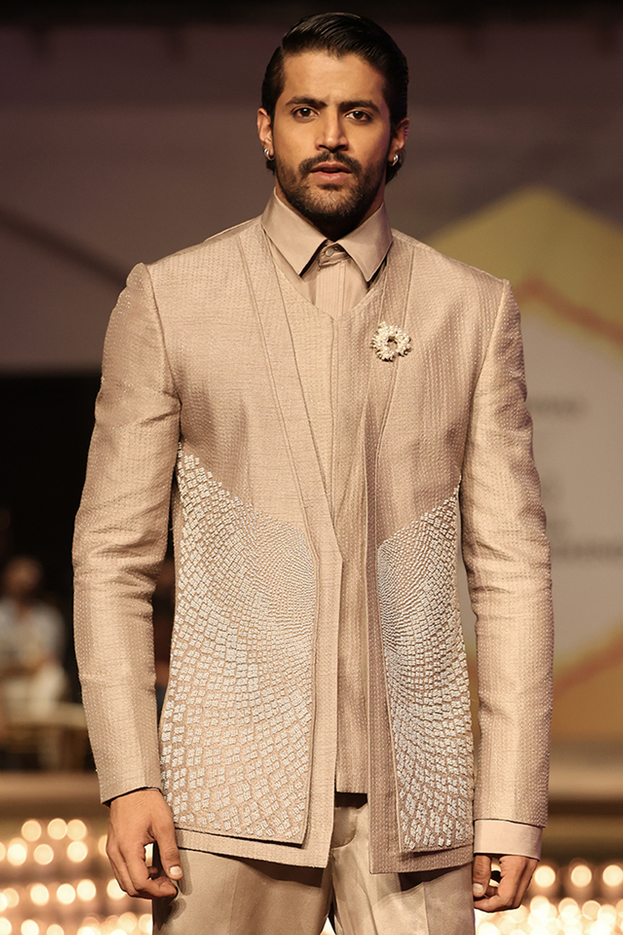 Granite Silk Embellished Asymmetric Paneled Jacket by Rohit Gandhi & Rahul Khanna Men