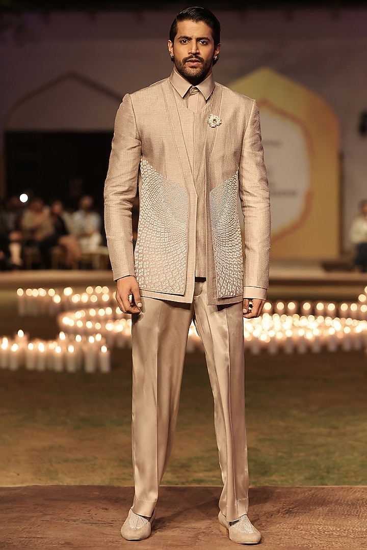 Granite Silk Embellished Asymmetric Paneled Jacket by Rohit Gandhi & Rahul Khanna Men at Pernia's Pop Up Shop