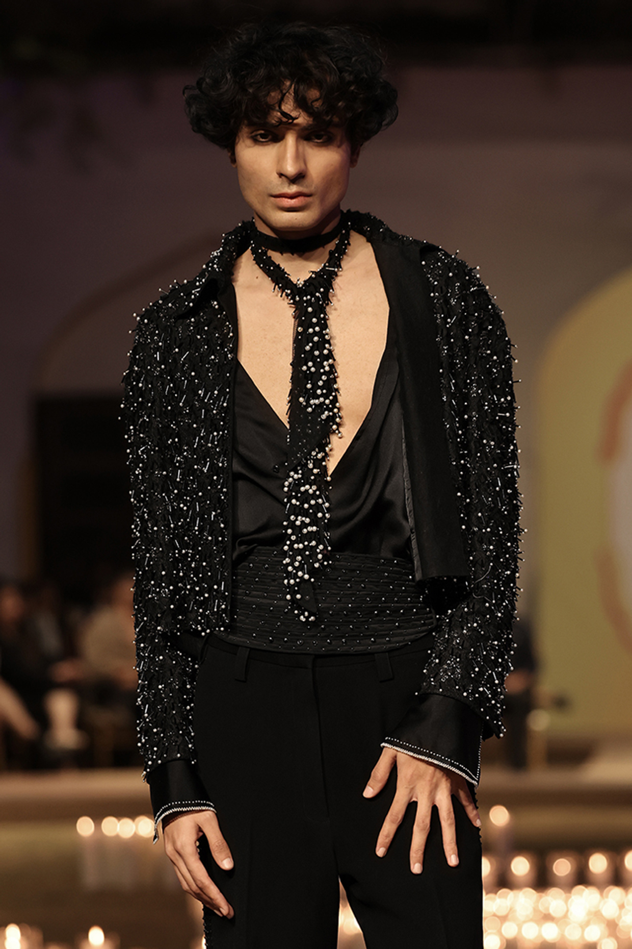 Black Viscose Bead Embellished Cropped Jacket by Rohit Gandhi & Rahul Khanna Men