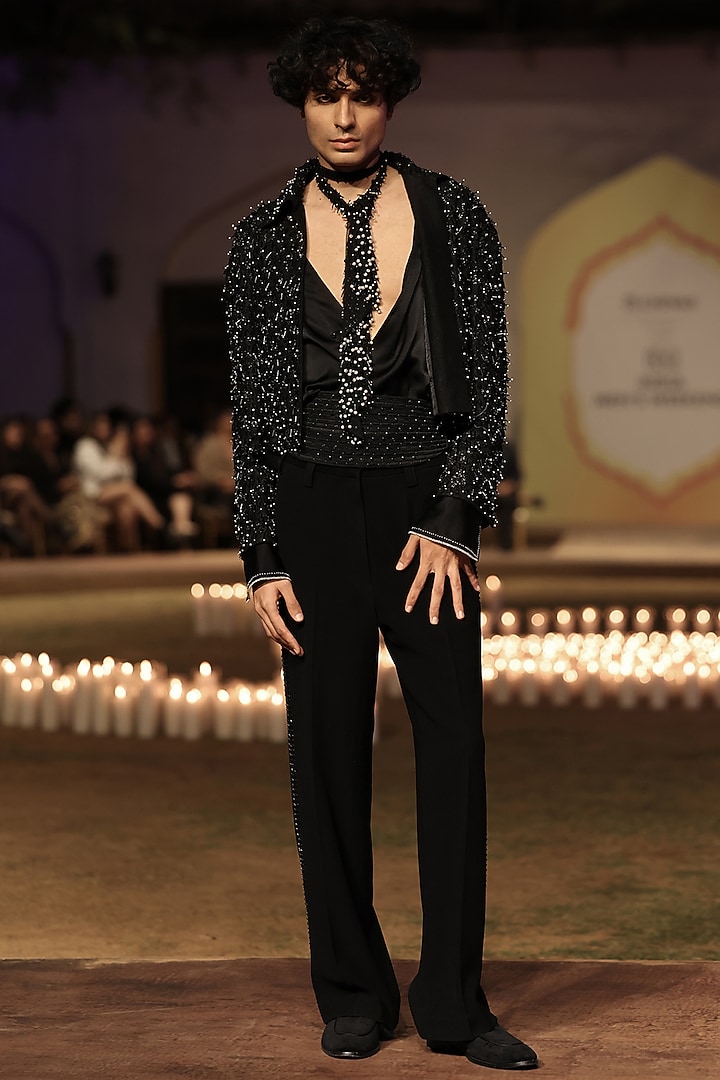 Black Viscose Bead Embellished Cropped Jacket by Rohit Gandhi & Rahul Khanna Men at Pernia's Pop Up Shop
