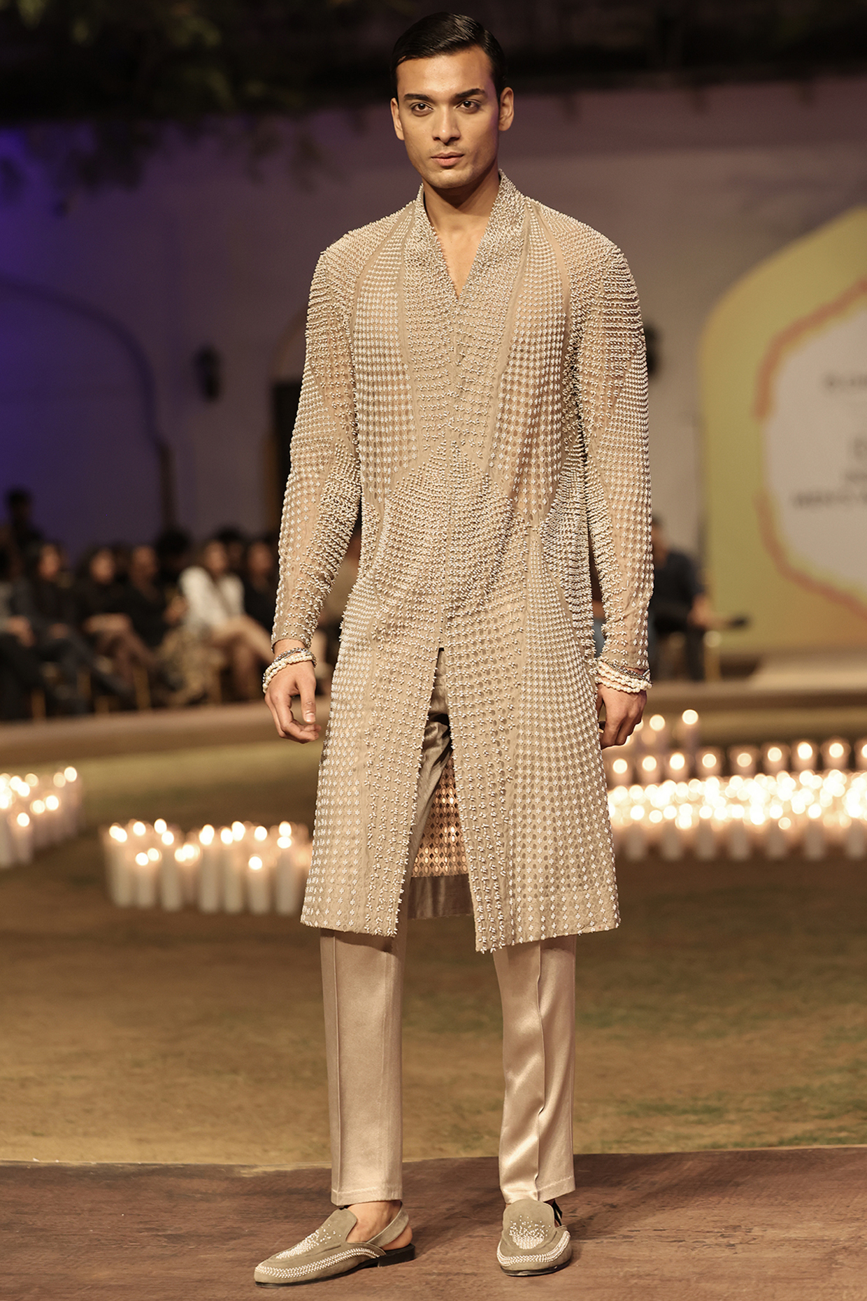 Mocha Mousse Tulle Bead Embellished Sherwani Set by Rohit Gandhi & Rahul Khanna Men