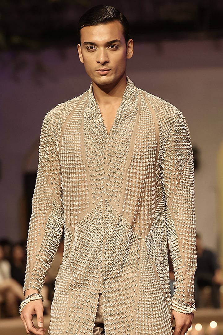 Mocha Mousse Tulle Bead Embellished Groom Sherwani Set by Rohit Gandhi & Rahul Khanna Men at Pernia's Pop Up Shop