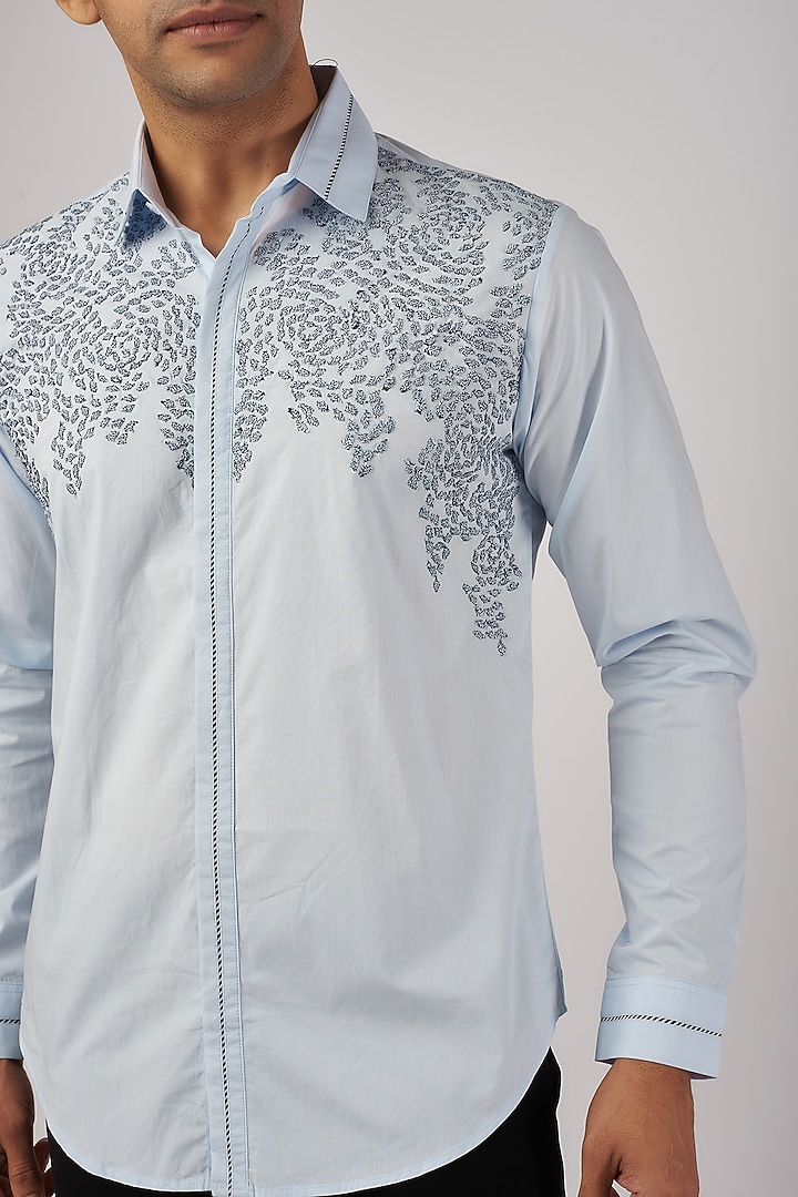 Sky Blue Cotton Hand Embroidered Wedding Shirt by Rohit Gandhi & Rahul Khanna Men at Pernia's Pop Up Shop