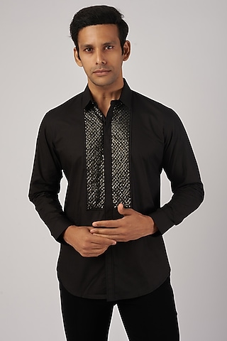 Black Georgette Hand Embroidered Shirt by Rohit Gandhi & Rahul Khanna Men