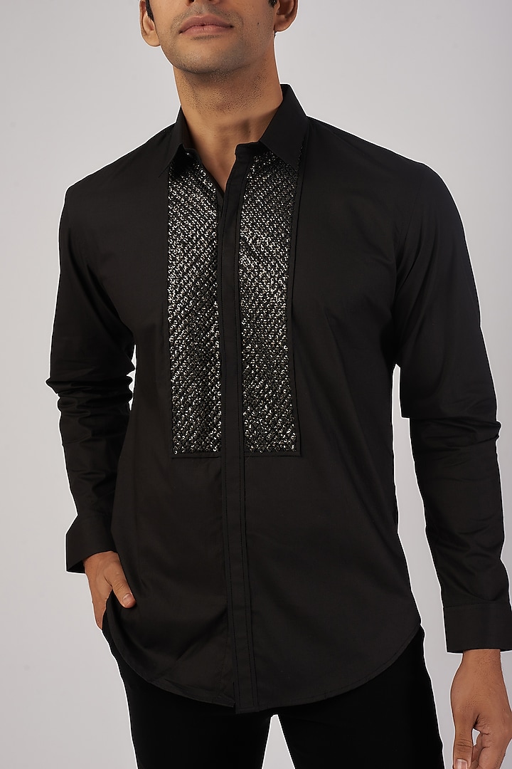 Black Georgette Hand Embroidered Wedding Shirt by Rohit Gandhi & Rahul Khanna Men at Pernia's Pop Up Shop