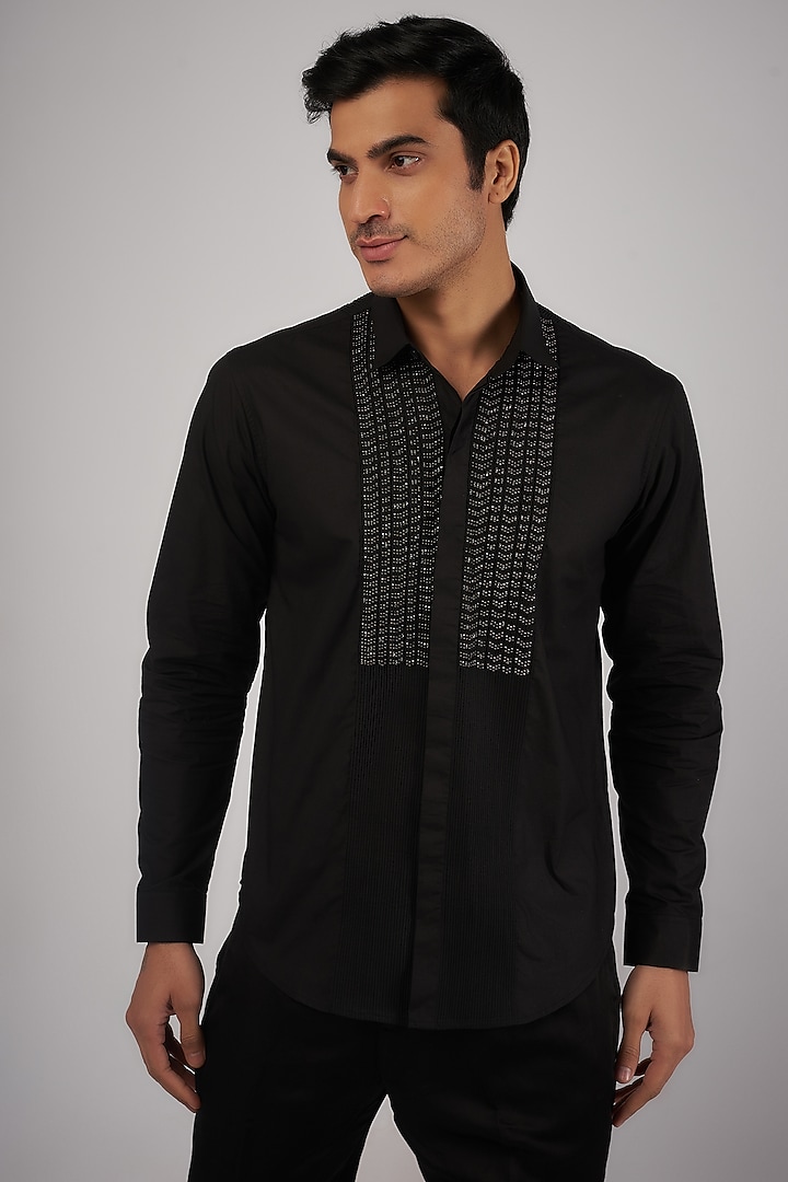 Black Cotton Embroidered Shirt by Rohit Gandhi & Rahul Khanna Men