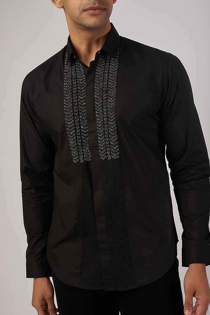 Black Cotton Embroidered Wedding Shirt by Rohit Gandhi & Rahul Khanna Men at Pernia's Pop Up Shop