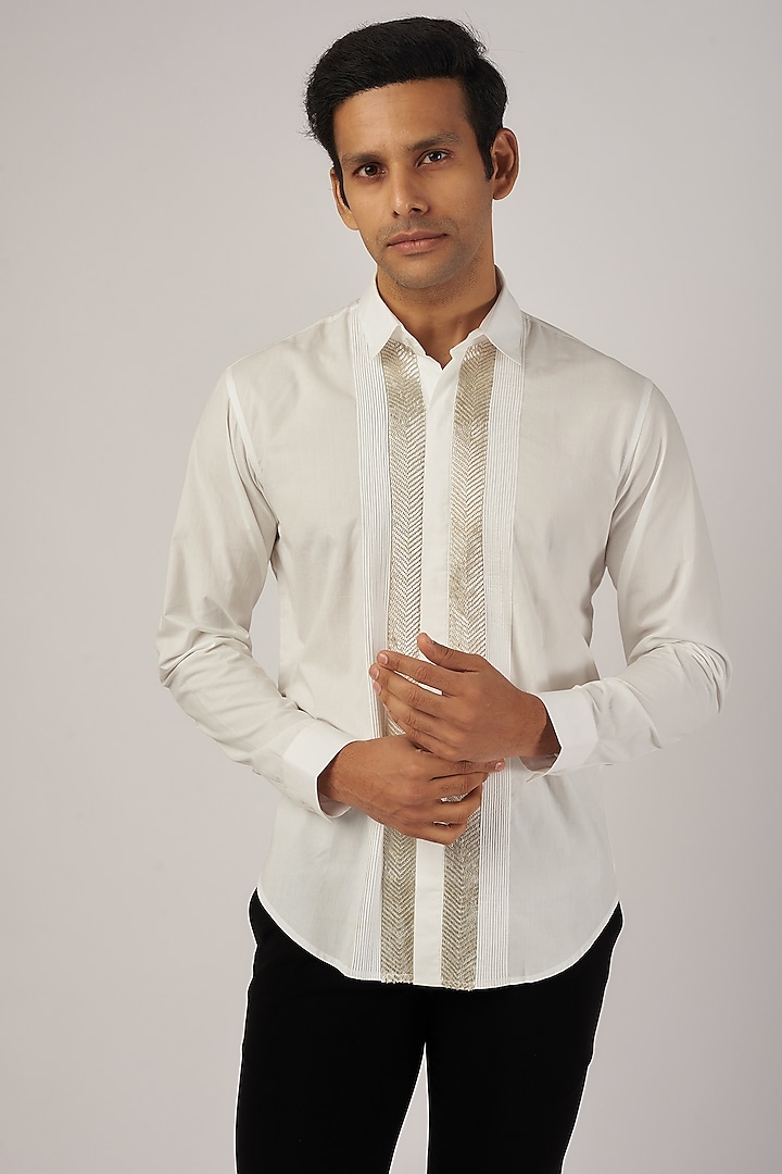 Off-White Cotton Embroidered Shirt by Rohit Gandhi & Rahul Khanna Men