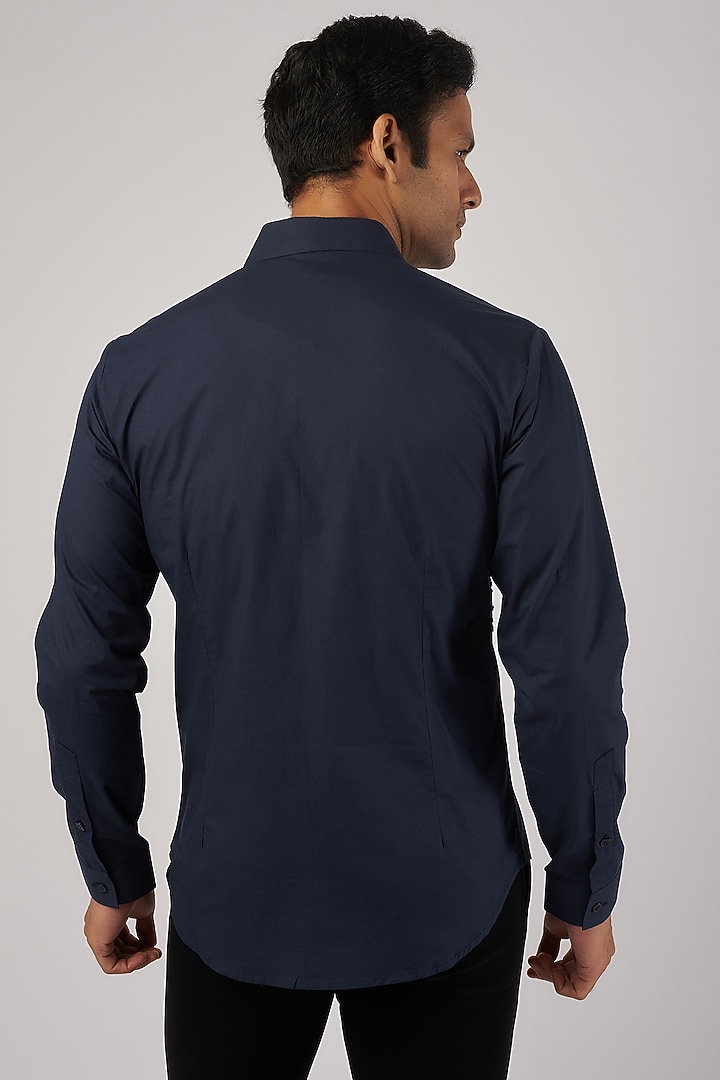 Navy Blue Cotton Hand Embroidered Wedding Shirt by Rohit Gandhi & Rahul Khanna Men at Pernia's Pop Up Shop