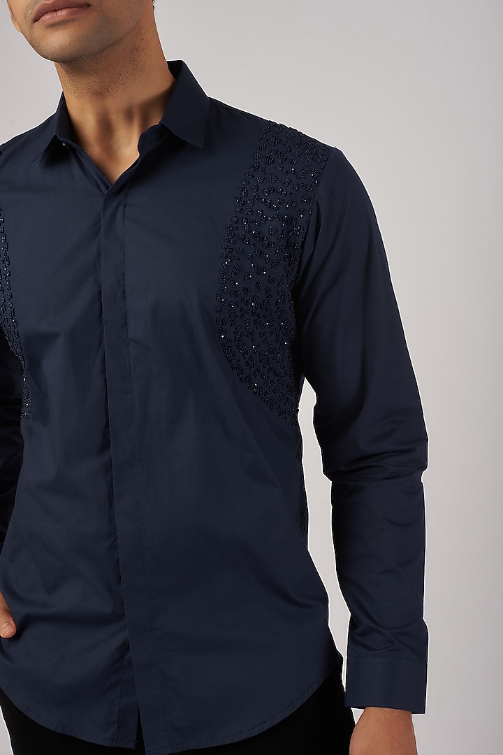 Navy Blue Cotton Hand Embroidered Wedding Shirt by Rohit Gandhi & Rahul Khanna Men at Pernia's Pop Up Shop