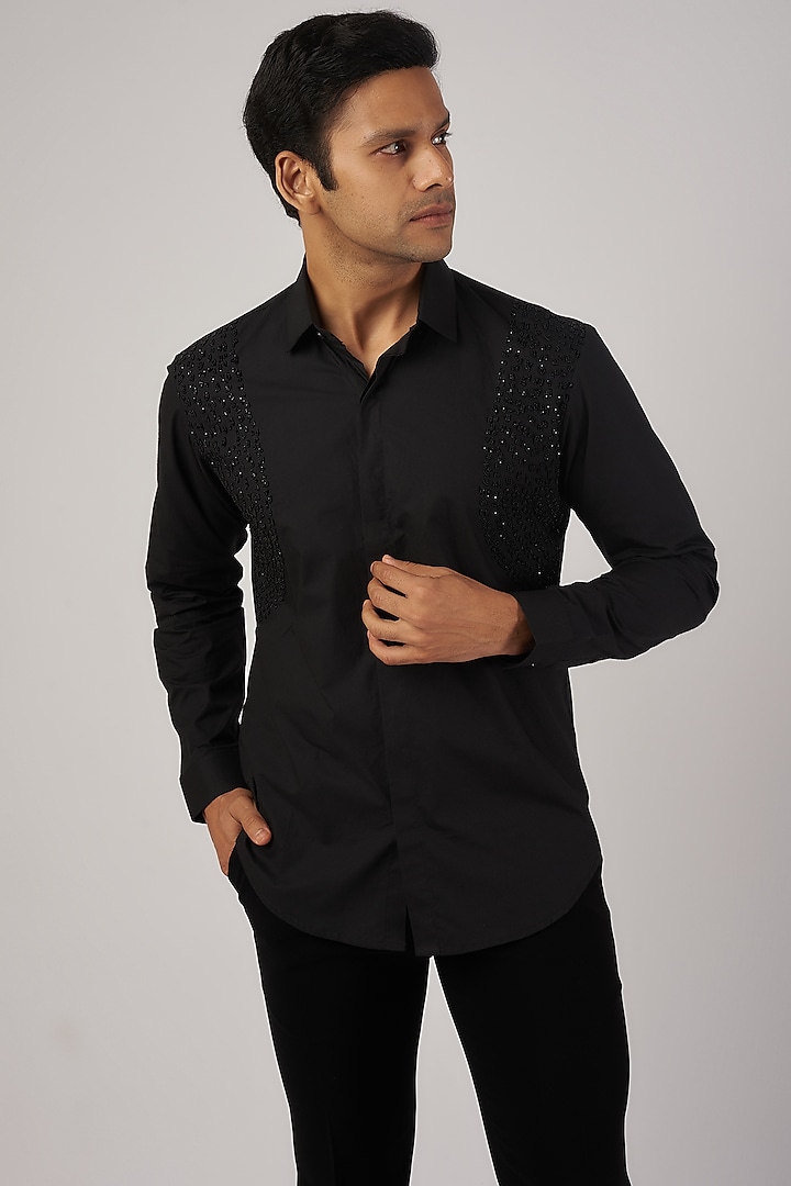 Black Cotton Hand Embroidered Shirt by Rohit Gandhi & Rahul Khanna Men at Pernia's Pop Up Shop