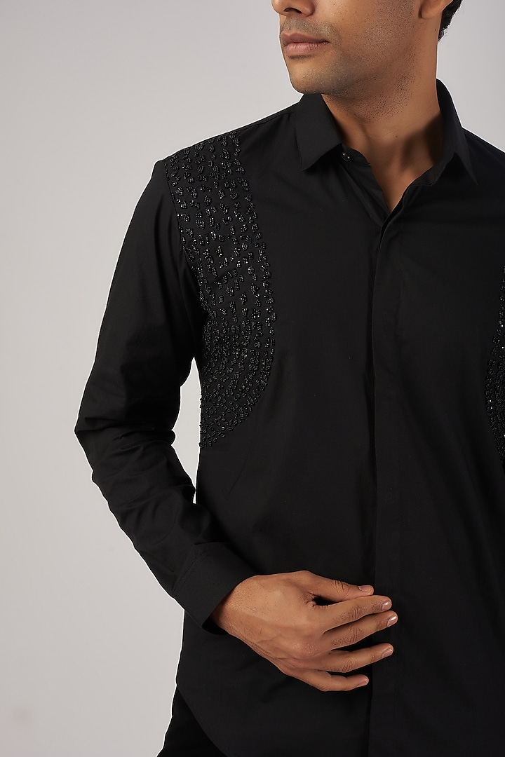 Black Cotton Hand Embroidered Wedding Shirt by Rohit Gandhi & Rahul Khanna Men at Pernia's Pop Up Shop