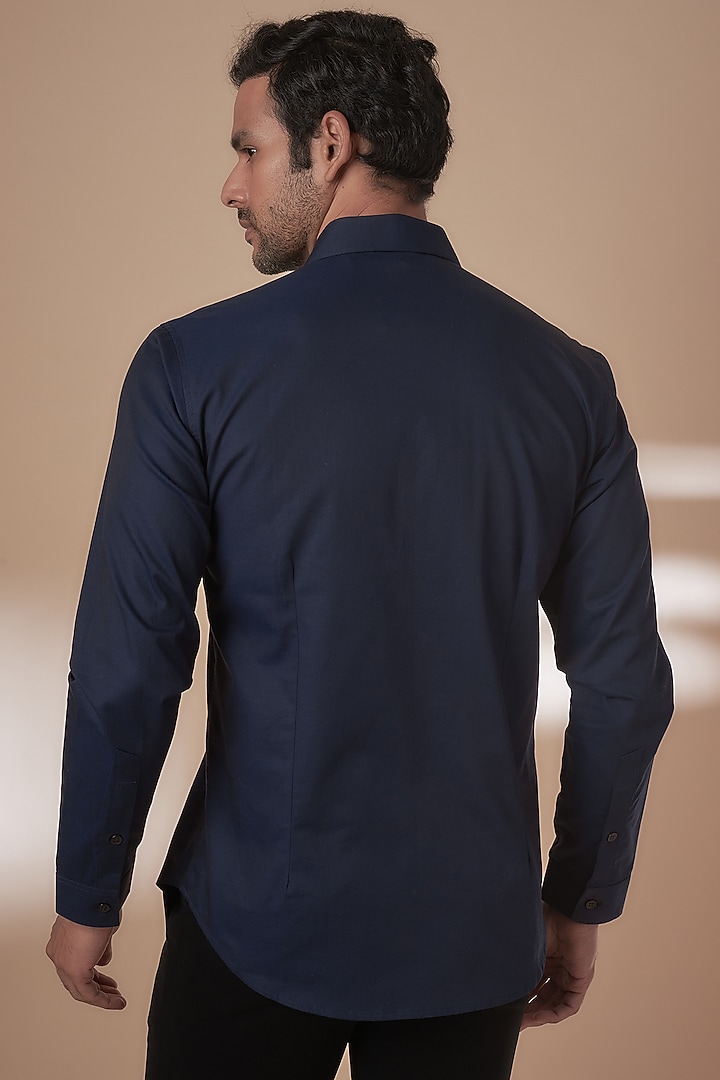 Midnight Navy Cotton Embroidered Wedding Shirt by Rohit Gandhi & Rahul Khanna Men at Pernia's Pop Up Shop