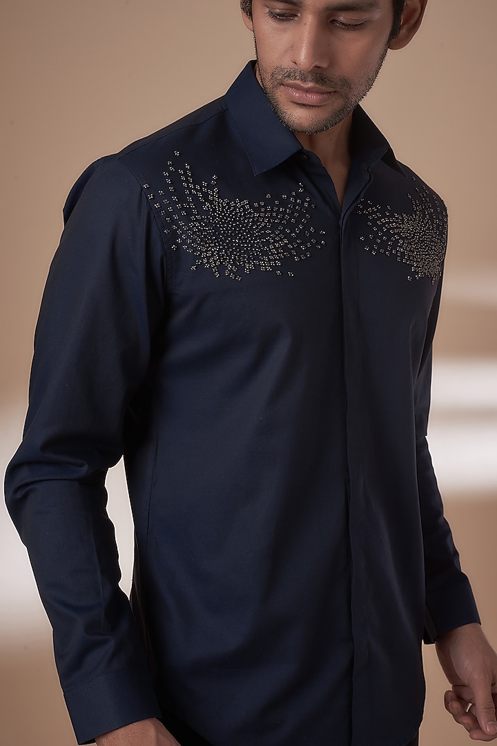 Midnight Navy Cotton Embroidered Wedding Shirt by Rohit Gandhi & Rahul Khanna Men at Pernia's Pop Up Shop